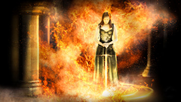 Картинка фэнтези фотоарт пламя фон меч девушка