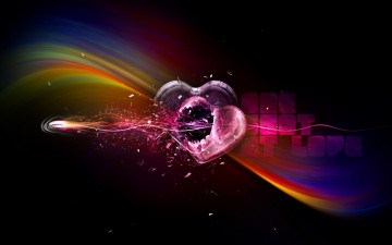 Картинка 3д+графика романтика+ romantics дыра осколки сердце надпись радуга