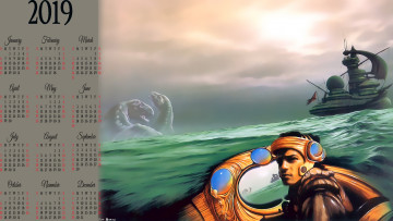 Картинка календари фэнтези мужчина динозавр водоем корабль