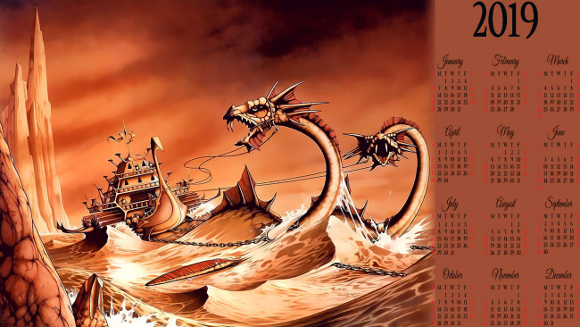Обои картинки фото календари, фэнтези, цепь, корабль, дракон