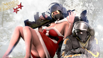 Картинка 3д+графика праздники+ holidays девушка мужчина оружие униформа фон взгляд маска