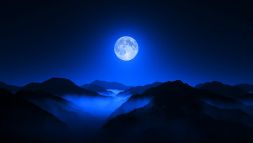 Картинка природа горы ночь луна туман