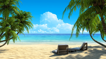 Картинка 3д+графика природа+ nature тропики море пальмы пляж шезлонги