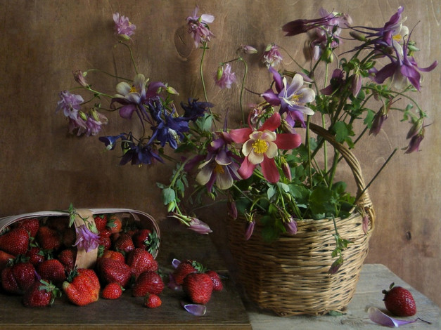Обои картинки фото verbena, клубника, цветы, еда, натюрморт