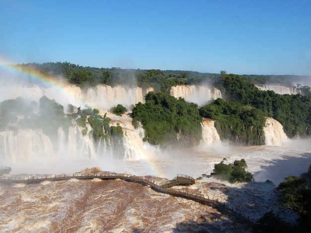 Обои картинки фото водопад, фос, ду, игуасу, бразилия, природа, водопады, мост, радуга