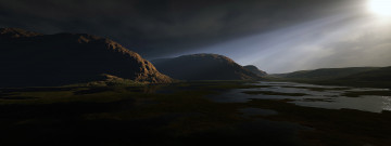 Картинка 3д графика nature landscape природа рассвет вода холмы равнина