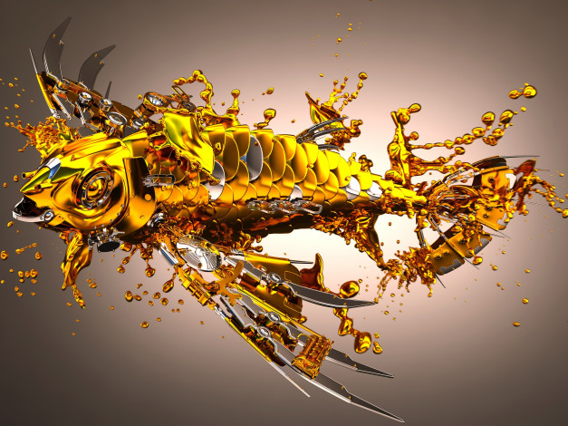 Обои картинки фото 3д графика, моделирование , modeling, вода, капли, брызги, металл, блеск, рыба, желтая