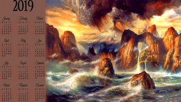 обоя календари, фэнтези, пепел, камень, вулкан, водоем