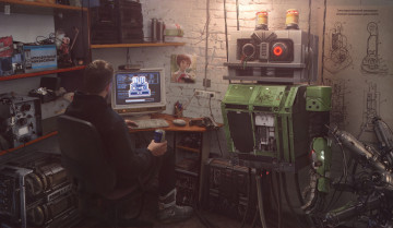 Картинка фэнтези роботы +киборги +механизмы робот техника компьютер парень мастерская