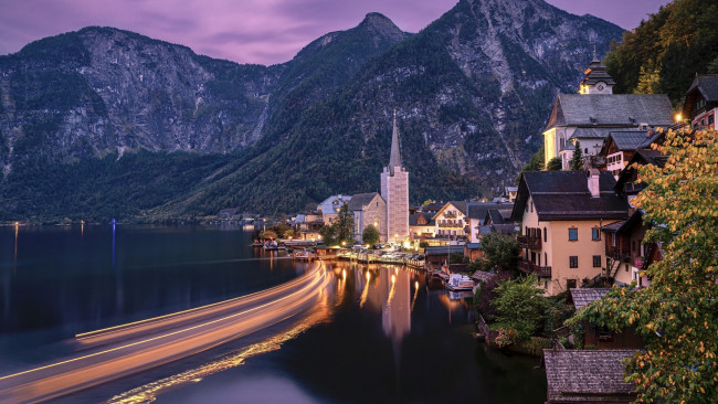 Обои картинки фото города, гальштат , австрия, горы, озеро, огни