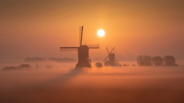 Картинка разное мельницы закат туман