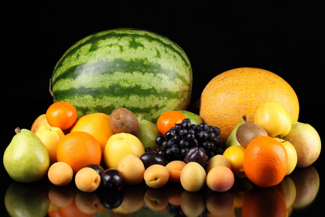 Обои картинки фото еда, фрукты, ягоды, арбуз, дыня, яблоки, груши, апельсины, виноград, абрикосы, киви, мандарины