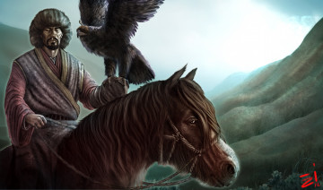 Картинка фэнтези люди орел лошадь горы