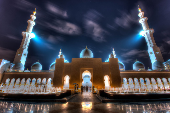 Обои картинки фото города, абу, даби, оаэ, мечеть, ночь, подсветка, минареты