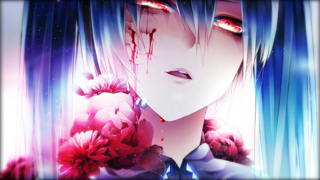 Обои картинки фото аниме, vocaloid, лицо, цветы, кровь