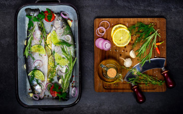Картинка еда рыба +морепродукты +суши +роллы специи fish сервировка зелень spices lemons лимон cutting