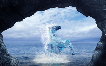 Картинка разное компьютерный+дизайн брызги лошадь вода животное скала арт