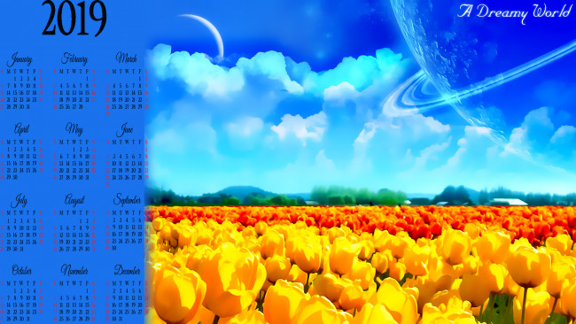 Обои картинки фото календари, фэнтези, 2019, calendar, желтый, облако, цветы, тюльпан, планета