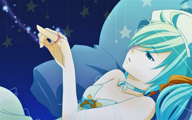 Обои картинки фото аниме, vocaloid, девушка, постель, звезды, нитка