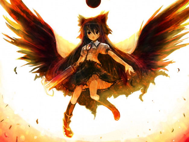 Обои картинки фото аниме, touhou, крылья, девушка, оружие