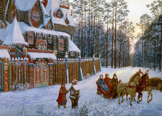 Картинка вечереет на прогулке рисованные всеволод иванов русский фольклор зима тройка лошадей
