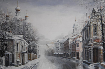 Картинка рождеством рисованные александр стародубов улица церковь зима
