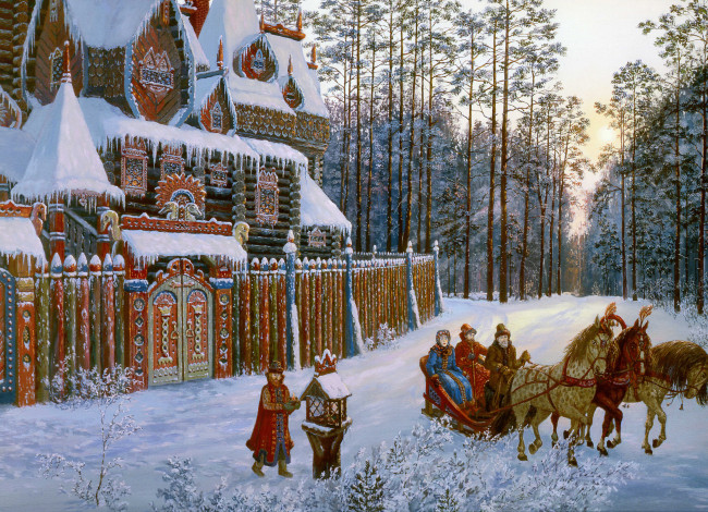 Обои картинки фото вечереет, на, прогулке, рисованные, всеволод, иванов, русский, фольклор, зима, тройка, лошадей