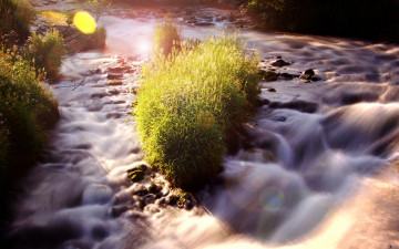 Картинка природа реки озера кочки стремнина река трава блики