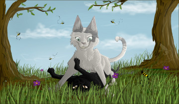 Картинка рисованные животные +коты трава цветы кошки игра взгляд