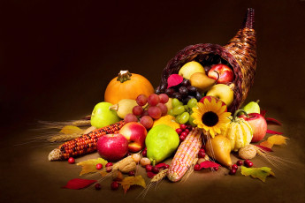 Картинка еда фрукты+и+овощи+вместе груша тыква овощи корзина кукуруза яблоки фрукты ягоды виноград орехи листья