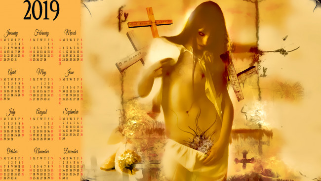 Обои картинки фото календари, фэнтези, 2019, calendar, девушка, рисунок, узор, крест