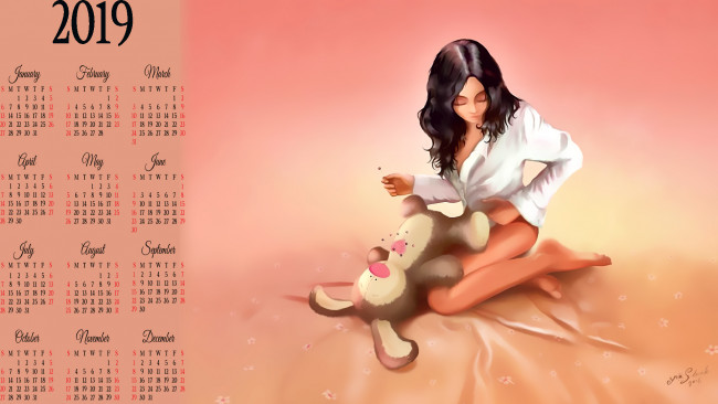 Обои картинки фото календари, рисованные,  векторная графика, 2019, calendar, кролик, заяц, игрушка, девушка