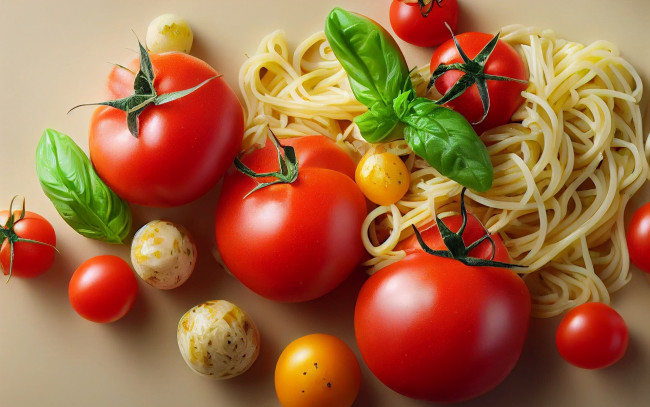 Обои картинки фото еда, макароны,  макаронные блюда, паста, спагетти, помидоры, базилик