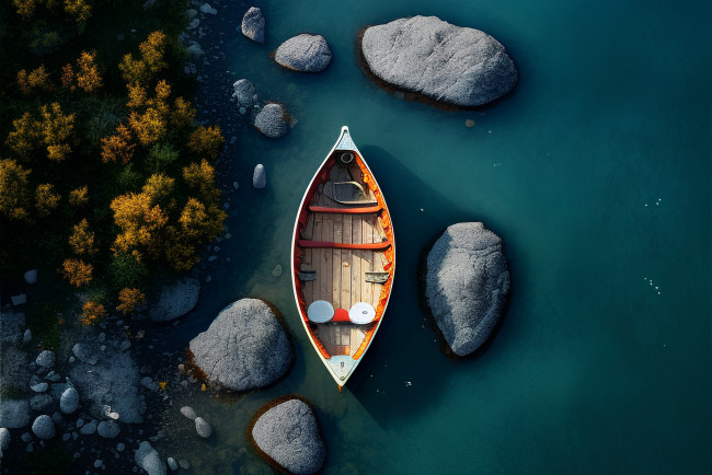 Обои картинки фото корабли, рисованные, вода, камни, лодка