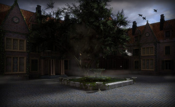 Картинка 3д графика realism реализм дерево дворик птицы дом