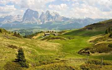 Картинка природа пейзажи лето домики склон зелень небо горы альпы