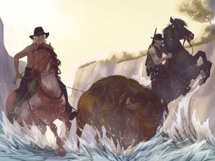 Картинка рисованные животные лошади вода всадники зубр