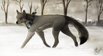 Картинка рисованные животные сказочные мифические шарф собака зима снег