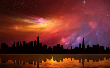Картинка 3д графика atmosphere mood атмосфера настроения ночь море краски звезды силуэты город