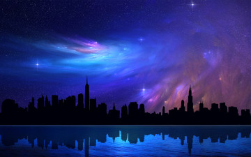 Картинка 3д графика atmosphere mood атмосфера настроения ночь силуэты город краски звезды море