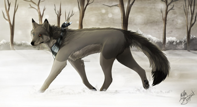 Обои картинки фото рисованные, животные, сказочные, мифические, шарф, собака, зима, снег
