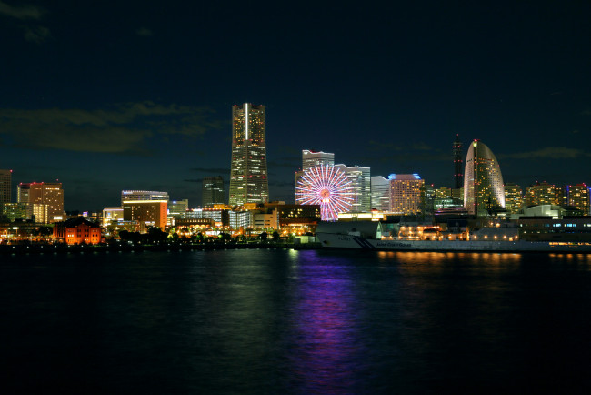 Обои картинки фото yokohama, Япония, города, йокогама, огни, ночь, река, дома