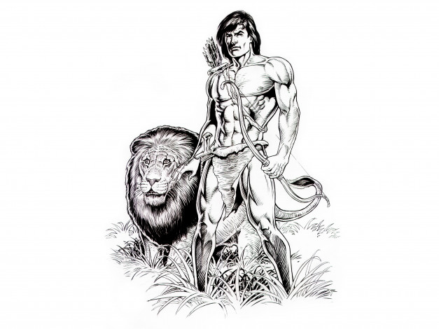 Обои картинки фото рисованное, комиксы, мужчина, фон, лук, стрелы, лев
