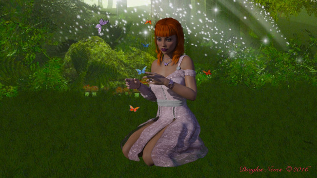 Обои картинки фото 3д графика, фантазия , fantasy, девушка, лес, фон, взгляд