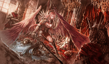 Картинка фэнтези ангелы фон мужчины крылья меч девушка