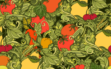 обоя векторная графика, еда , food, vegetables, fruits, pattern, текстура, абстракция, фон, seamless, leaves