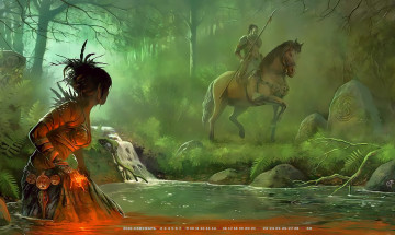 Картинка календари фэнтези мужчина девушка конь 2019 лес calendar лошадь растение водоем