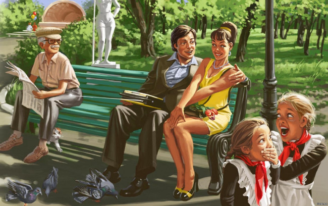 Обои картинки фото рисованное, люди, парк, старик, дети, пара, голуби, скамейка