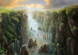 обоя рисованное, природа, река, скалы