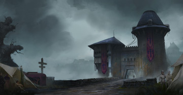 Картинка фэнтези замки башни стена люди палатка